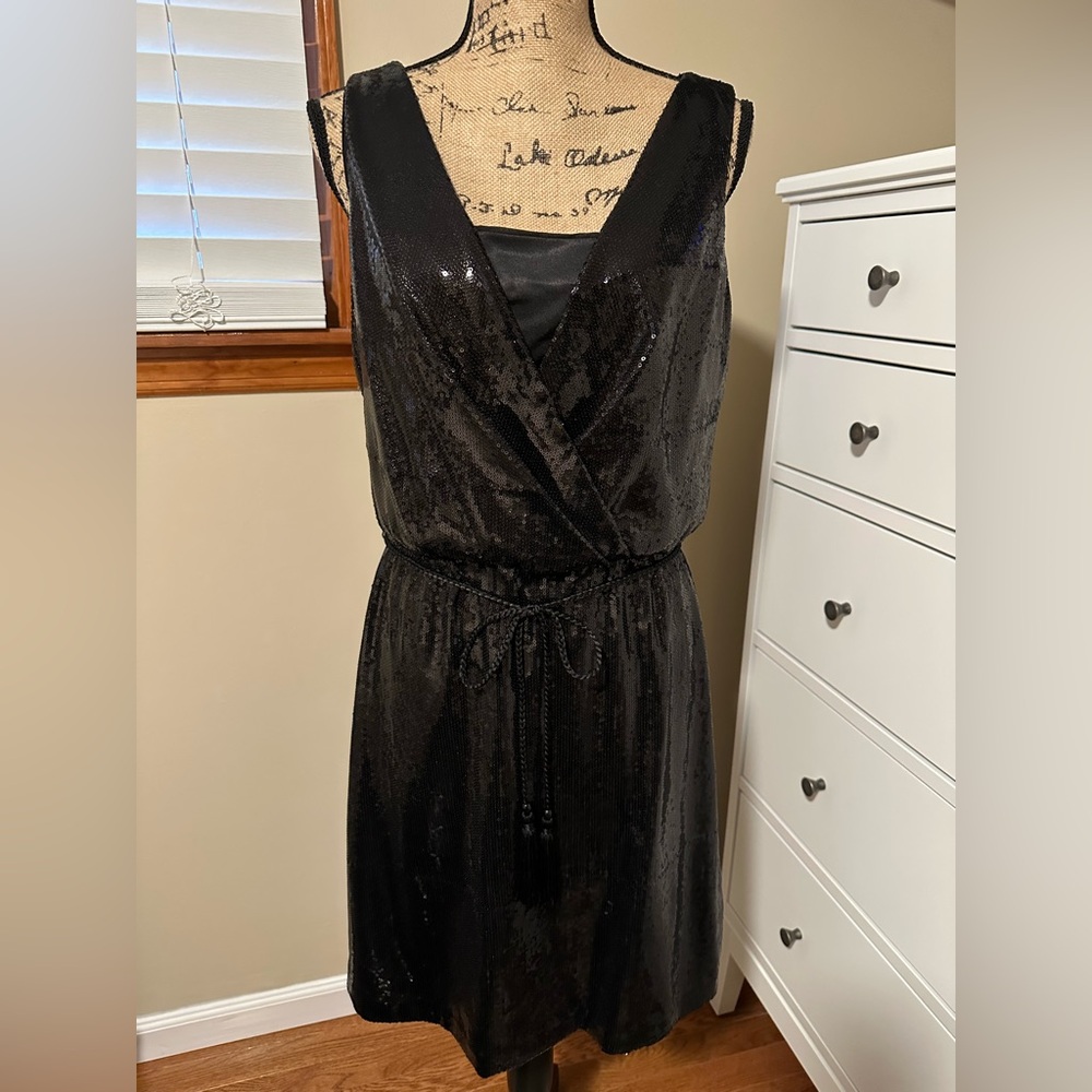 White House Black Market sequin dress with belted sash.